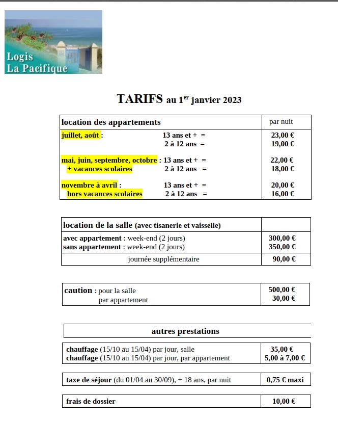 TARIFS 2023